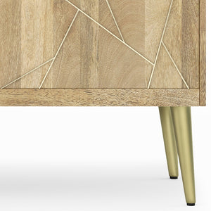 English Elm Jager Mango Wood TV Media Stand 60" Natural with Geometric Brass Inlay, Soft-Close Cabinets & Mid-Century Flair B136P158754