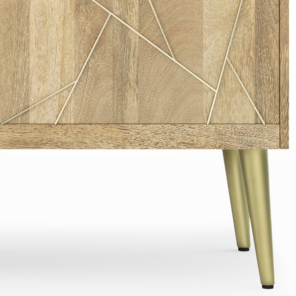 English Elm Jager Mango Wood TV Media Stand 60" Natural with Geometric Brass Inlay, Soft-Close Cabinets & Mid-Century Flair B136P158754