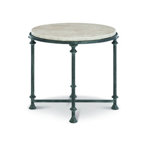 Bernhardt Bernhardt Sculptural Metal End Table With Cream Honed Stone Top And Architectural Column Base Antique Silver / Travertine Stone 26.75"W x 26.75"D x 24"H 537122