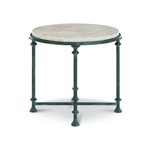 Bernhardt Bernhardt Sculptural Metal End Table With Cream Honed Stone Top And Architectural Column Base Antique Silver / Travertine Stone 26.75"W x 26.75"D x 24"H 537122