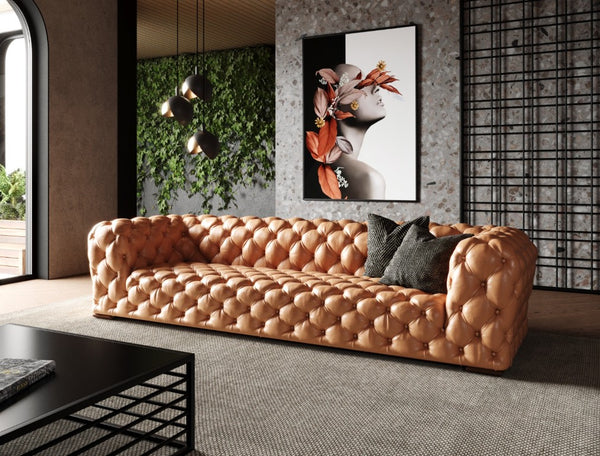 VIG Furniture Dexter Camel Italian Leather Tufted Sofa, Transitional Low-Profile 4-Seater, Durable Foam Comfort VGEV-114-BR-S