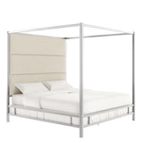 Homelegance By Top-Line Marcel Chrome Finish Metal Canopy Bed with Linen Panel Headboard Chrome Metal