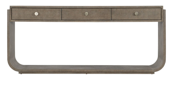 Hooker Furniture Modern Mood Console Table With Raffia Accents, Self-Closing Drawer, Oak Veneer Texture, Pewter Knobs Medium Brown 6850-80451-89