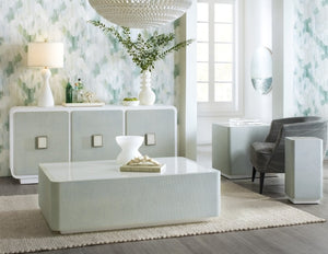 Hooker Furniture Melange Coastal Atlantis Accent Table — Compact Raffia-Wrapped End Table With White Glass Top, Spa Tones 628-80453-02