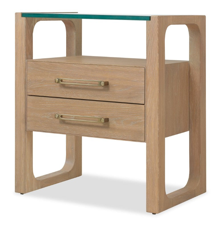 Hooker Furniture Banyon Desert Oak Two-Drawer Nightstand With Tempered Glass Top, Brushed Brass Hardware, Modern Texture 6081-90116-82