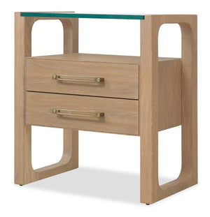 Hooker Furniture Banyon Desert Oak Two-Drawer Nightstand With Tempered Glass Top, Brushed Brass Hardware, Modern Texture 6081-90116-82