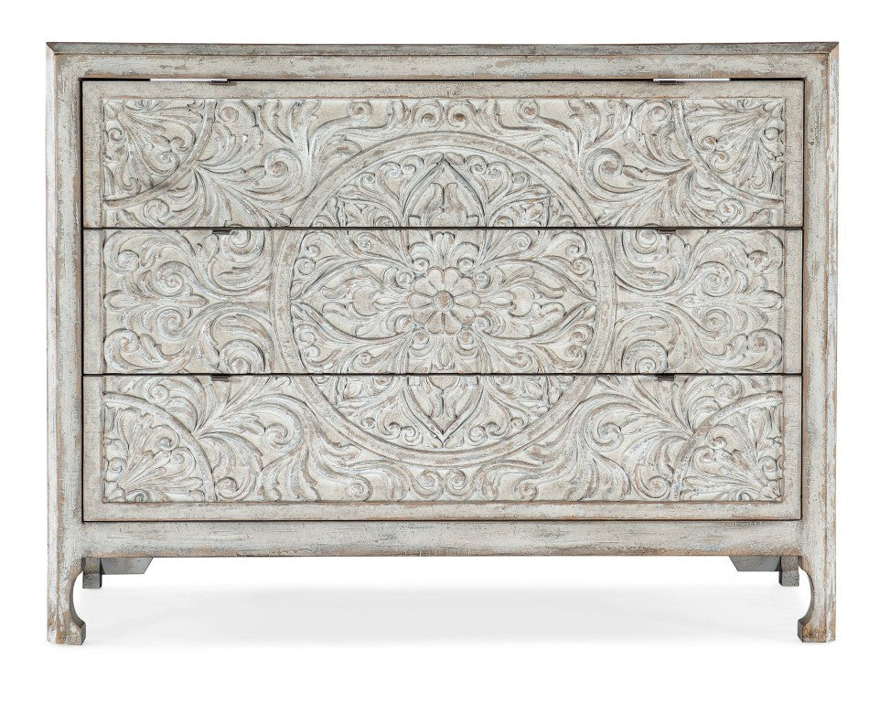 Hooker Furniture La Grange Lockhart Moroccan-Pattern Three-Drawer Accent Chest In Antique White—Boho Storage Elegance 6960-50007-02