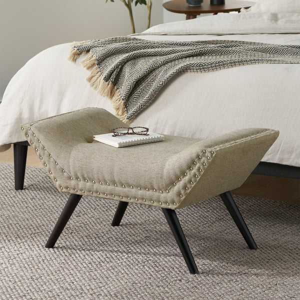 English Elm Christopher Knight Home® - Modern Button Tufted Sitting Bench with Nailhead Trim and Birch Wood Legs — Upholstered Accent Ottoman for Entryway or Living Room Seating Beige 54753.00ALM