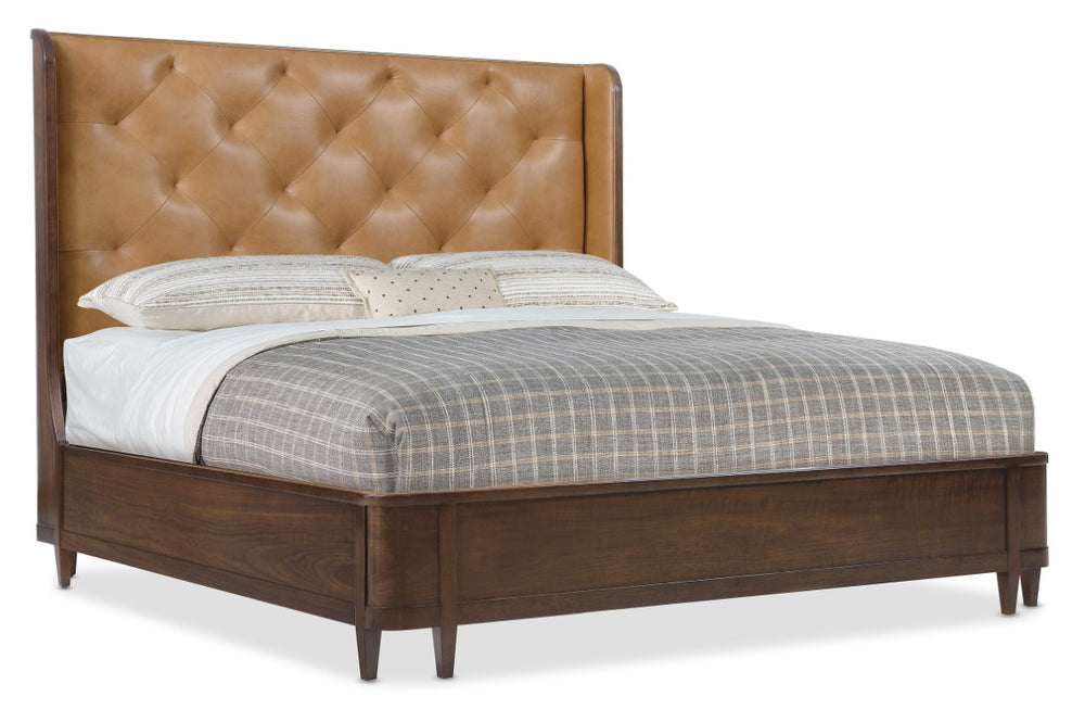 Hooker Furniture Archives Queen Leather Bed With Figured Walnut Veneers, Shelter-Style Design And Tufted Top-Grain Headboard 86.50 L x 80.00W x 64.00H 6123-90866-89