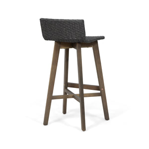 English Elm Christopher Knight Home® - LA La Brea Acacia Wood & Wicker Barstool Set of 2 — Outdoor Faux Rattan Seats with Iron X-Stretcher Frame Grey 65431.00GRY