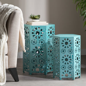 English Elm Eliana Outdoor Iron Nesting Side Tables with Sunburst Cutout and Crackle Finish Patio Accent Set Teal 69740.00CT