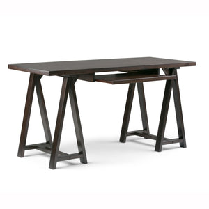 English Elm Sawhorse Desk - Dark Chestnut Brown, Solid Wood, Industrial Style With Keyboard Tray For Home Office B136P158231-GIGA