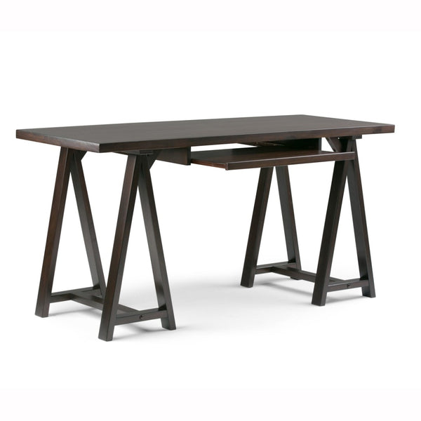 English Elm Sawhorse Desk - Dark Chestnut Brown, Solid Wood, Industrial Style With Keyboard Tray For Home Office B136P158231-GIGA
