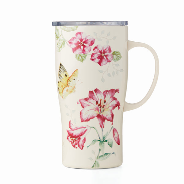 Lenox Butterfly Meadow Pink Flowers Stainless Steel Car Coffee Mug Ivory, IVORY METAL 895745