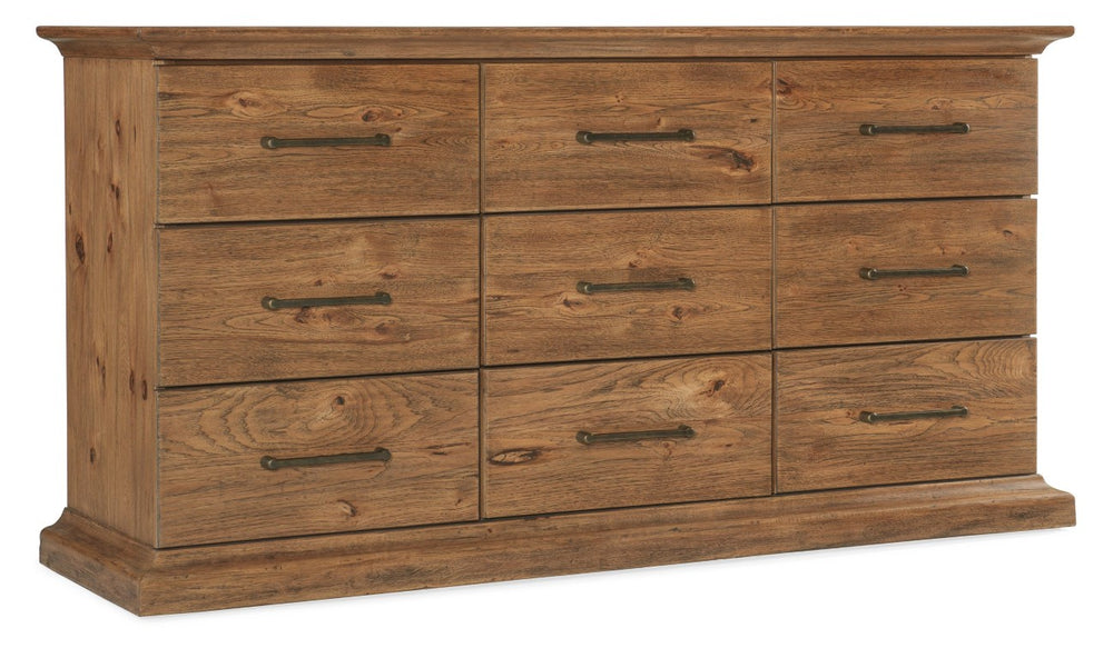Hooker Furniture Big Sky Nine Drawer Dresser With Pecky Hickory Veneers, Vintage Natural Finish, Cedar-Lined Drawers 6700-90202-80