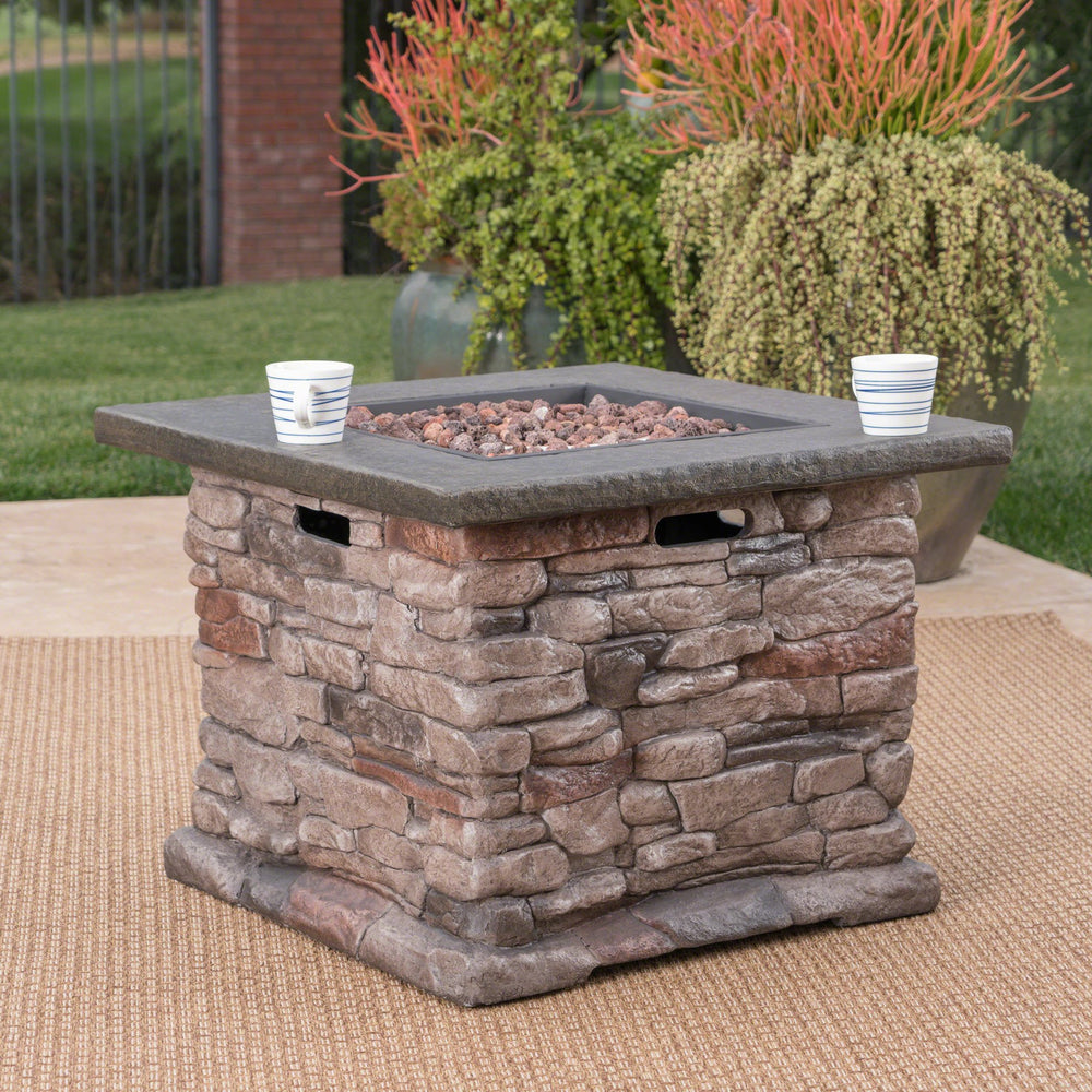 English Elm Stonewall Square Propane Fire Pit Natural Stone Outdoor Patio Gathering Focal Point 61941.00-40K