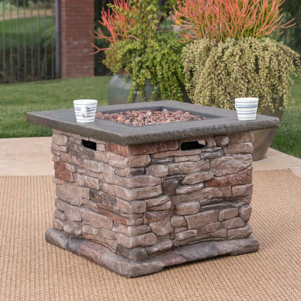 English Elm Stonewall Square Propane Fire Pit Natural Stone Outdoor Patio Gathering Focal Point 61941.00-40K