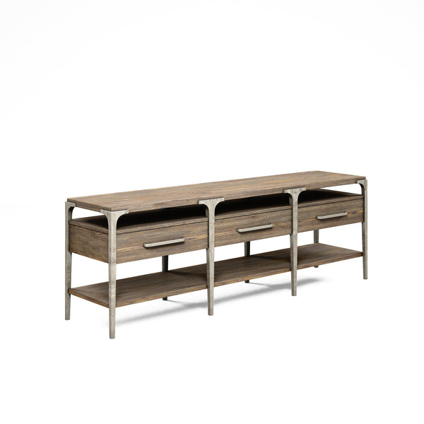 A.R.T. Furniture Stockyard Transitional Entertainment Console With Smoked Finish, Storage Drawers & Stylish Metal Legs Brown Materials, Ash And Poplar Solids,Knotty White Oak Veneers,Resin 284423-2303