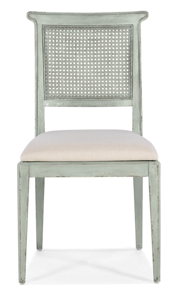 Hooker Furniture Charleston Colonial-Style Upholstered Side Chair With Woven Cane Back, Distressed Magnolia Finish And Comfort Seat Light Blue 6750-75410-40