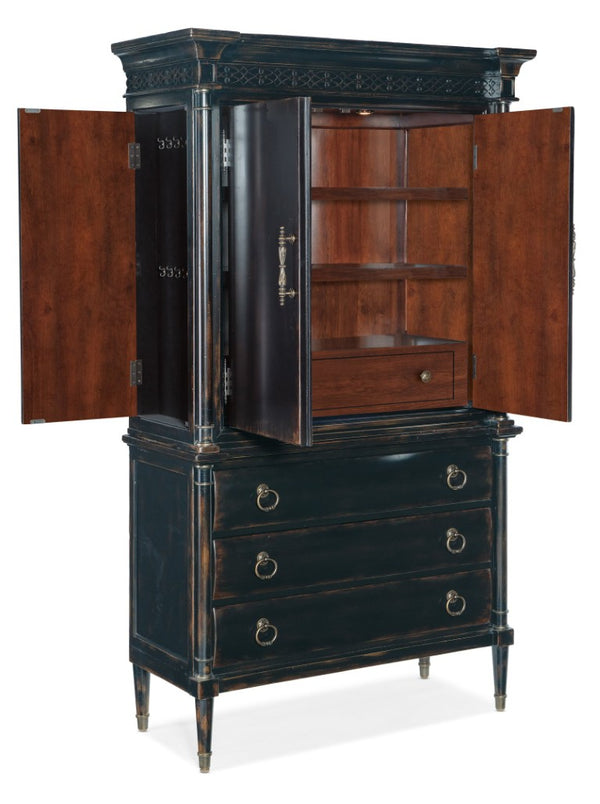 Hooker Furniture Charleston Elegant Jewelry Armoire With Black Cherry Patina, Cedar-Lined Drawer & Felt Lined Hooks 6750-90014-97