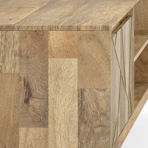 English Elm Jager Mango Wood TV Media Stand 60" Natural with Geometric Brass Inlay, Soft-Close Cabinets & Mid-Century Flair B136P158754
