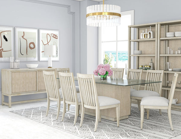 A.R.T. Furniture Cotiere Contemporary Etagere With 5 Glass Shelves, Linen Finish & Adjustable Levelers For Style Beige Materials, Parawood Solids,Mixed Split Cathedral And Quarter,White Oak Veneers,Fabric,Glass 299401-2349