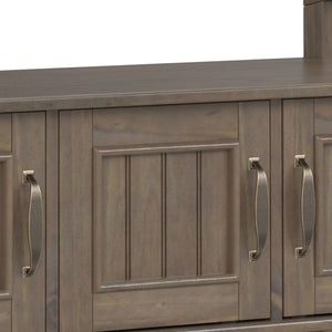 English Elm Lev Smoky Brown Entryway Storage Bench with 3 Doors, Spacious Seat for 2, Solid Wood, Grooved Detail B136P158817