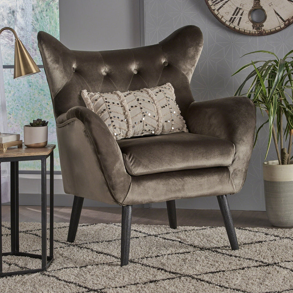 English Elm Arm Chair Tufted Velvet Wingback with Oak Frame and Tapered Legs for Living Room 56589.00NVLTGRY