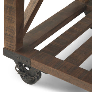 English Elm Harding End Table - Rustic Industrial Charm In Distressed Dark Brown With Caster Wheels & Storage B136P158678