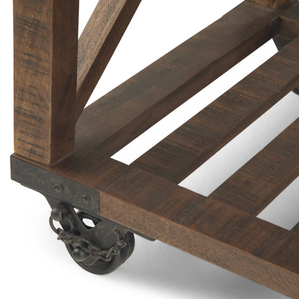 English Elm Harding End Table - Rustic Industrial Charm In Distressed Dark Brown With Caster Wheels & Storage B136P158678