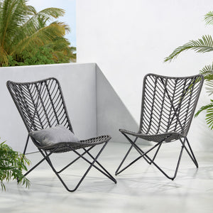 English Elm Gatlin Woven Wicker Outdoor Accent Chair Set Bohemian Curved Shell with Geometric Base 70650.00GRY