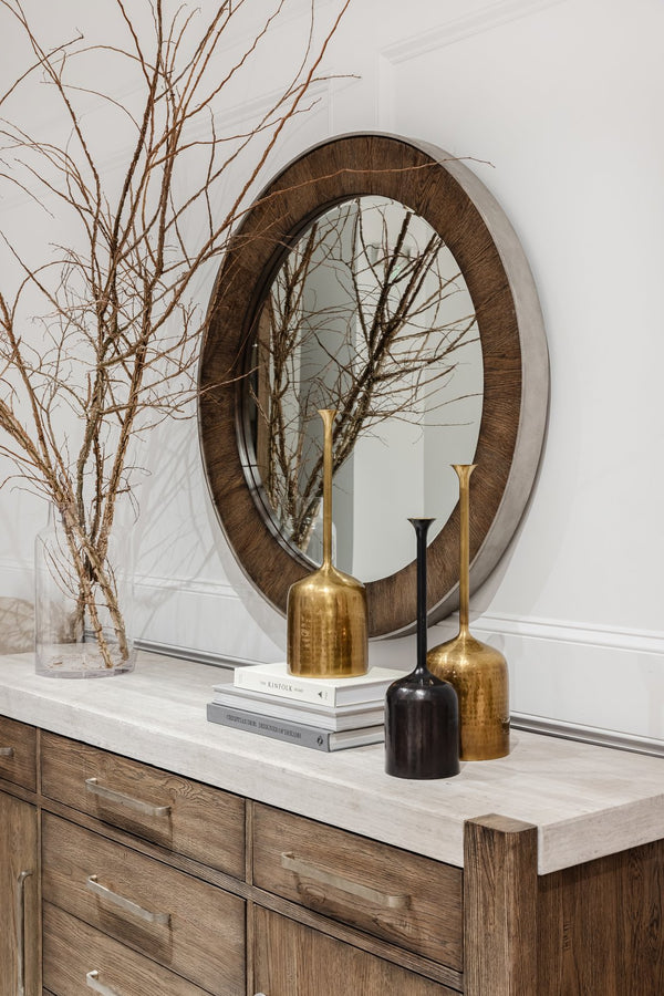 A.R.T. Furniture Stockyard Credenza: Transitional Style With Smoked Finish, Travertine Top, And Ample Storage Solutions Brown Ash Solids,Knotty White Oak Veneers,Travertine 284252-2303