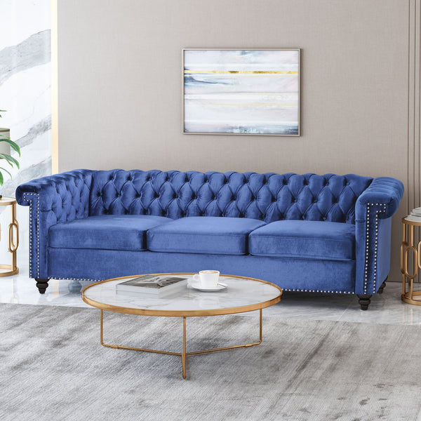 English Elm Christopher Knight Home® - SOFA Chesterfield-inspired 3-seater with deep button tufting, nailhead trim, low back and plush PU upholstery Blue 68326.00NVLTMDBLU