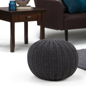 English Elm Shelby Hand-Knit Round Pouf in Slate Grey — Supportive Cotton Fill, Lightweight Portable Accent Seat Dark Gray B136P159266
