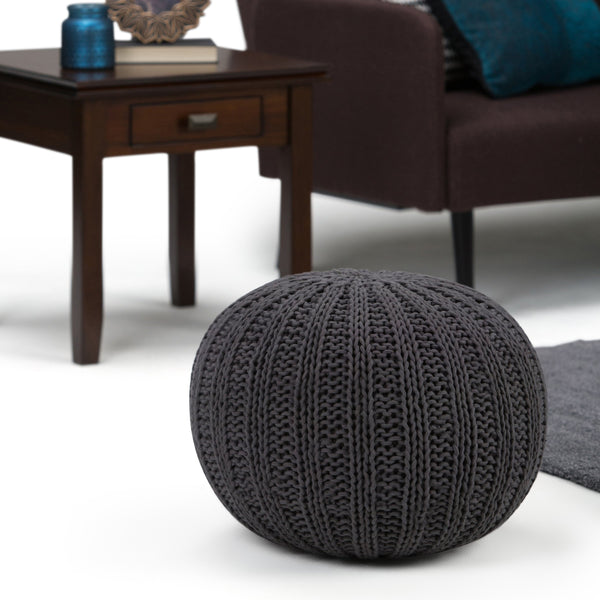 English Elm Shelby Hand-Knit Round Pouf in Slate Grey — Supportive Cotton Fill, Lightweight Portable Accent Seat Dark Gray B136P159266