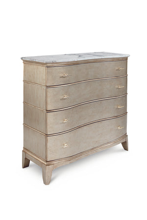 A.R.T. Furniture Starlite Media Chest: Glamorous Parawood Design With Neapolitan Marble Top & 4 Storage Drawers Silver, White Parawood Solids,Primavera Veneer,Marble,Metal 406153-2227
