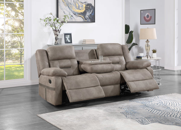 English Elm Steve Silver - Abilene Manual Sofa Tan — Microsuede Recliner with Drop-Down Console, Cupholders, Storage Pockets and Solid Wood Frame B081P157492