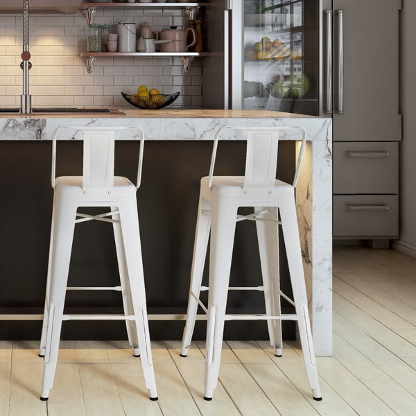 English Elm Rayne - Set Of 2 Distressed White Metal Bar Stools With Industrial Charm For Home & Kitchen Use B136P159495-GIGA