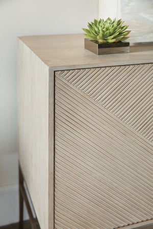 Hooker Furniture Cascade Credenza With Taupe Oak Veneer, Reeded Doors, Champagne Metal Base & Soft-Close Storage 6120-85006-80