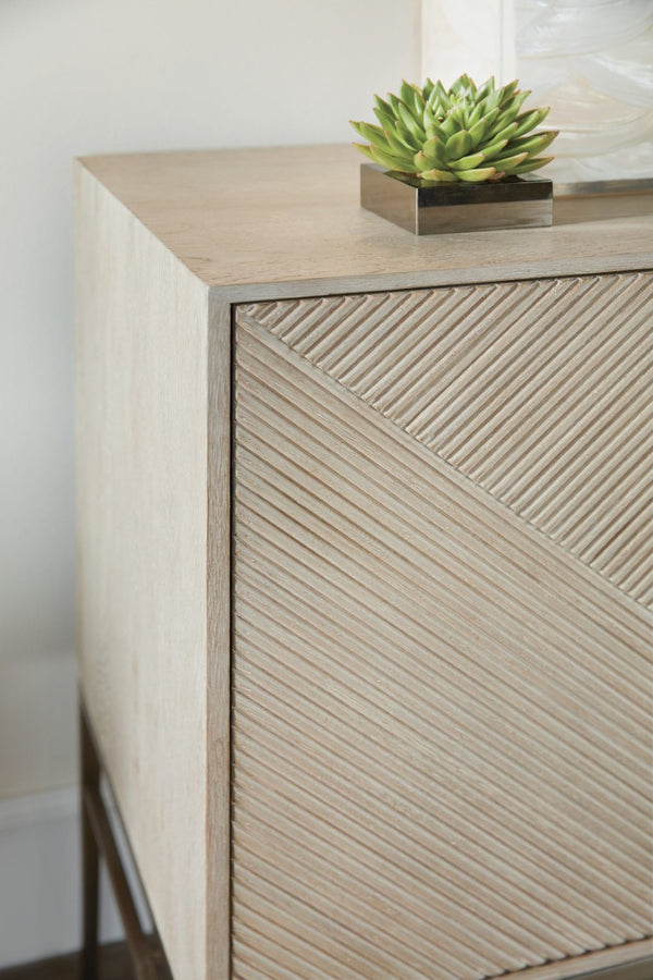 Hooker Furniture Cascade Credenza With Taupe Oak Veneer, Reeded Doors, Champagne Metal Base & Soft-Close Storage 6120-85006-80