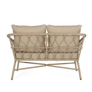English Elm Christopher Knight Home® - BRUCE Boho Loveseat in Brown PE Rattan with Water-Resistant Cushions, Iron Frame, 600 lb Capacity 70416.00LBRN