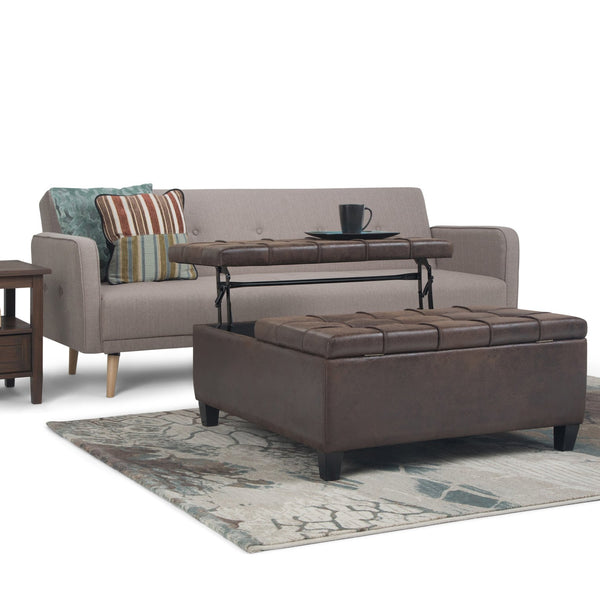 English Elm Harrison Coffee Table Storage Ottoman - Distressed Brown Vegan Leather, Multi-Functional & Stylish B136P159142