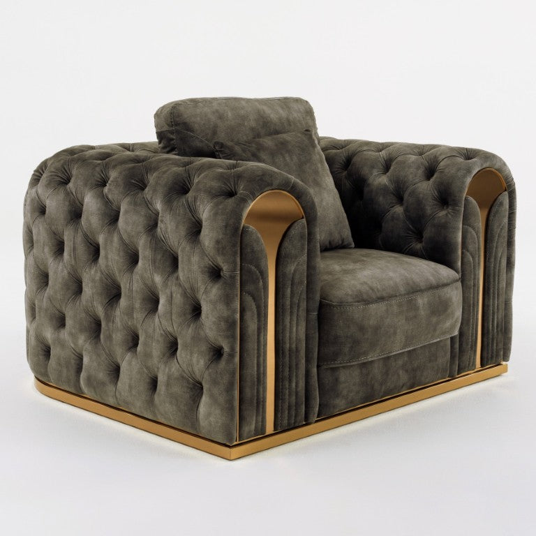 VIG Furniture Dosie Plush Grey Velvet Chair With Gold Stainless Steel Accents, Tufted Arms, Removable Back Pillow VGBN-S-9368-CHR-GRY