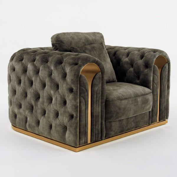 VIG Furniture Dosie Plush Grey Velvet Chair With Gold Stainless Steel Accents, Tufted Arms, Removable Back Pillow VGBN-S-9368-CHR-GRY