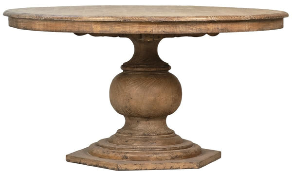 Nico 59" Round Reclaimed Pine Dining Table - Antique Finish, Hand-Carved Pedestal, Rustic Elegance
