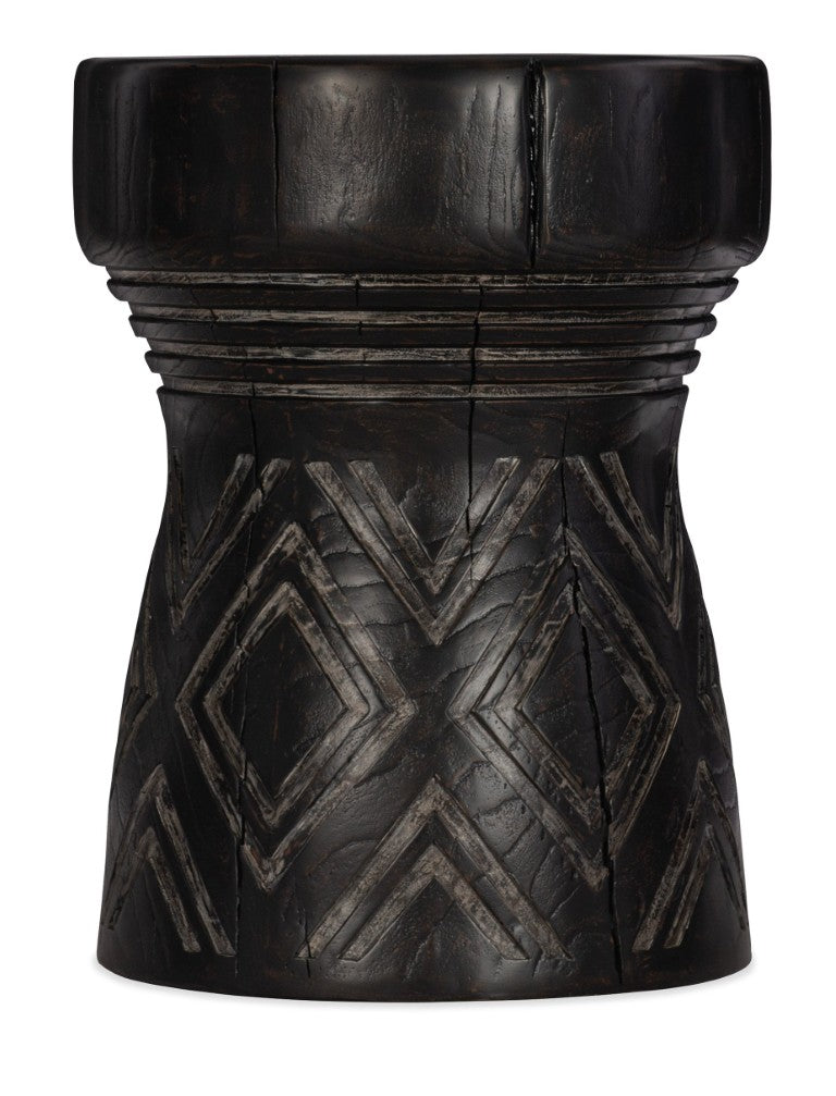 Hooker Furniture Commerce Carved Stump Side Table With Hand-Finished Tribal Diamond Motif, Cast Resin Rustic Accent Blacks 7228-50638-99