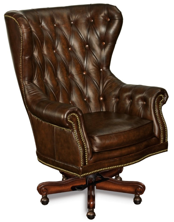 Hooker Furniture Erin Executive Swivel Tilt Chair In Top-Grain Semi-Aniline Leather With Myrtle Burl Wood Finish, Luxe Appeal Dark Brown EC362-201