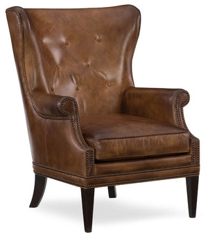 Hooker Furniture Maya Wingback Club Chair In Hand-Wiped Checkmate Pawn Leather With Nailhead Trim And Tufting Medium Brown CC513-083