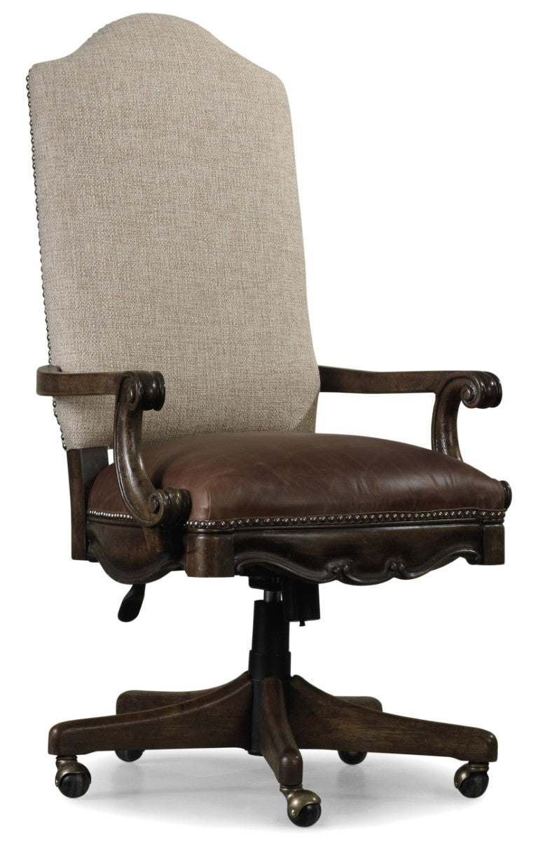 Hooker Furniture Rhapsody Tilt Swivel Chair With Top-Grain Leather Seat, Aurora Ecru Back, Rustic Walnut Finish, Casters 5070-30220