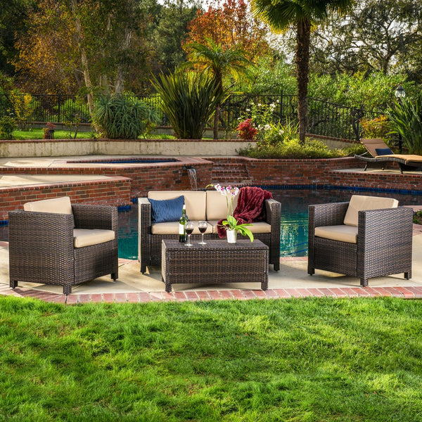 English Elm Puerta 4 Piece Outdoor Patio Set Pe Wicker Rattan with Iron Frame Cushioned Seating 52978.00DBRN